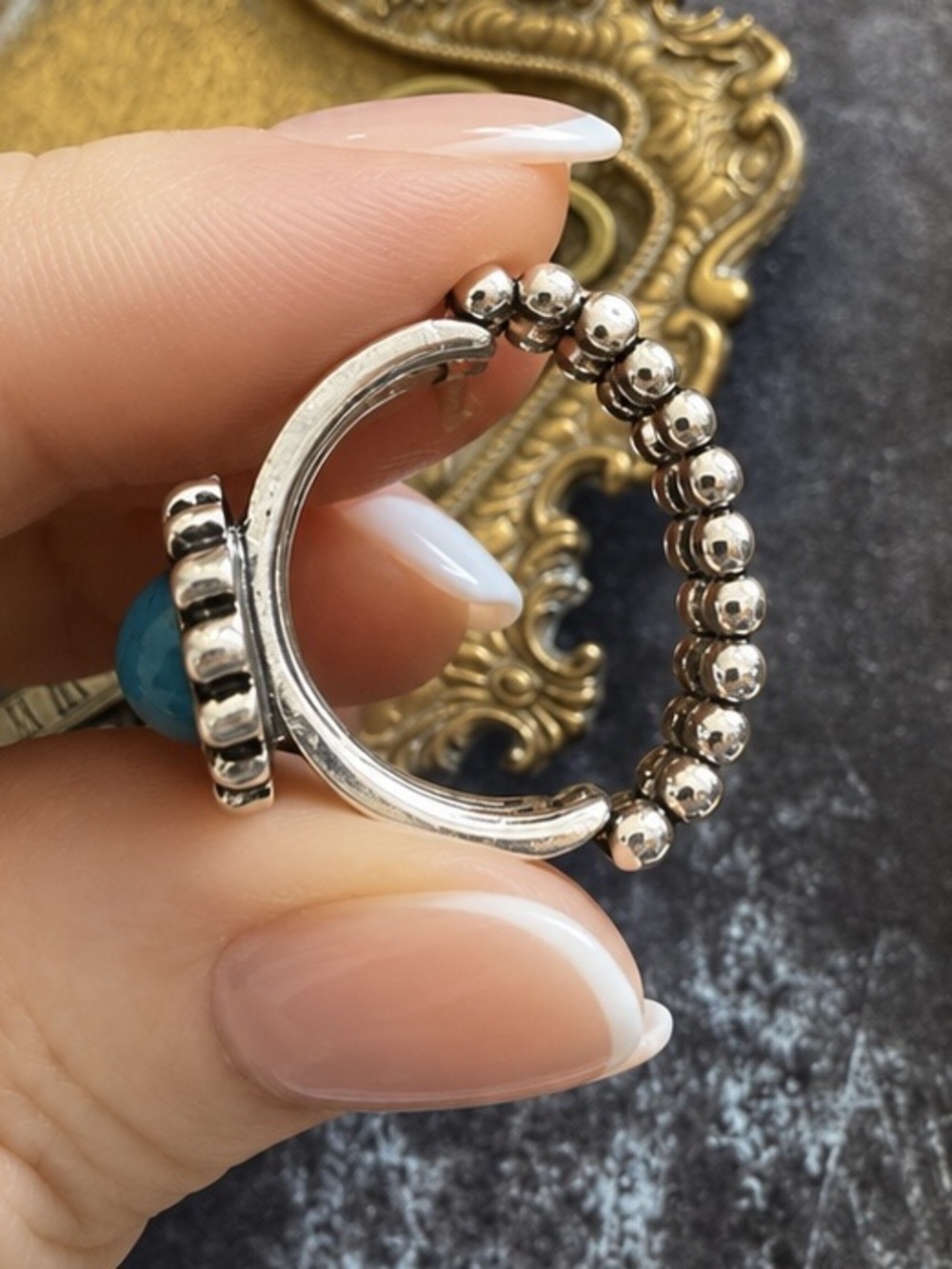 ANTHROPOLOGIE • Silver Triple Turquoise Cabochon Statement Festival Boho Ring - Picture 5 of 8